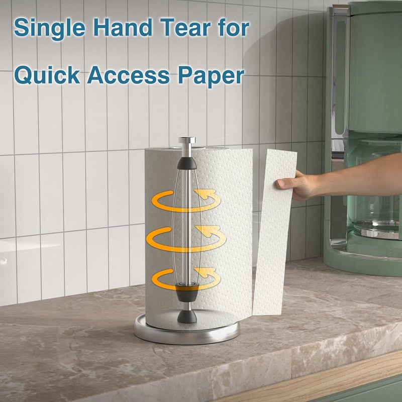 Swaitee Paper Towel Holder Countertop, One-Handed Tear, Stainless Steel, Weighted Base, Silver, Paper Towel Roll Holder Stand with Ratchet Mechanism for Kitchen Bathroom Farmhouse Essentials Decor Accessories - Image 3